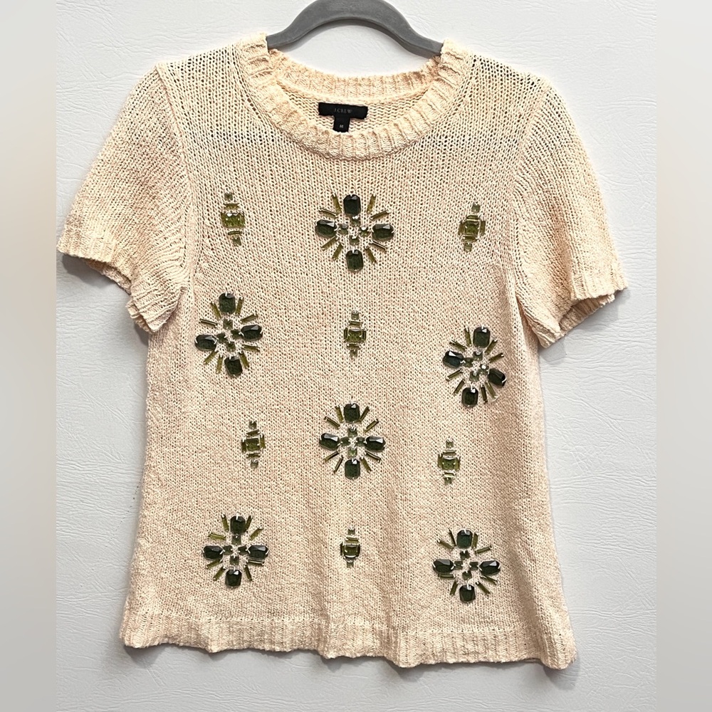 J. Crew Cream Knit Cotton LinenTop with Green Jewel Embellishments Medium